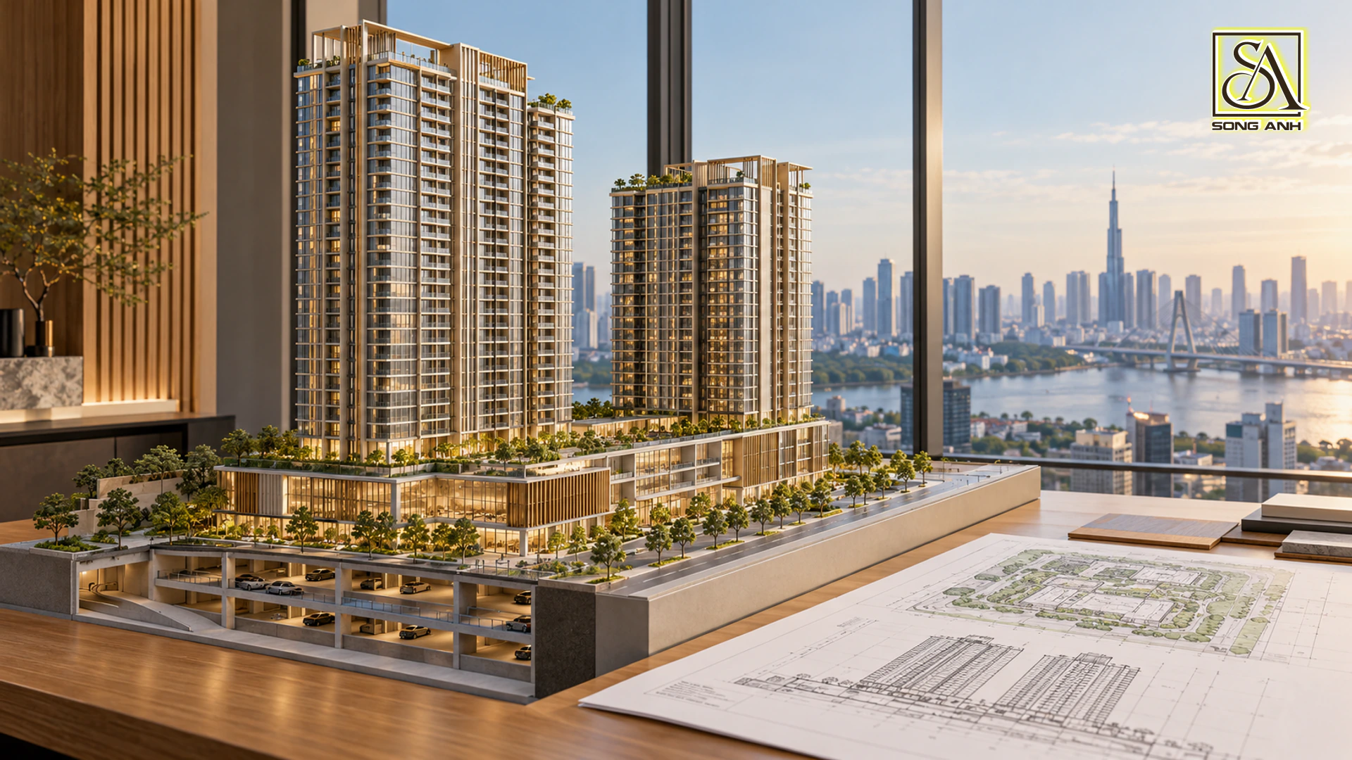 chung cư cao tầng có khối đế và tầng hầm đặt cạnh bản vẽ tổng mặt bằng.